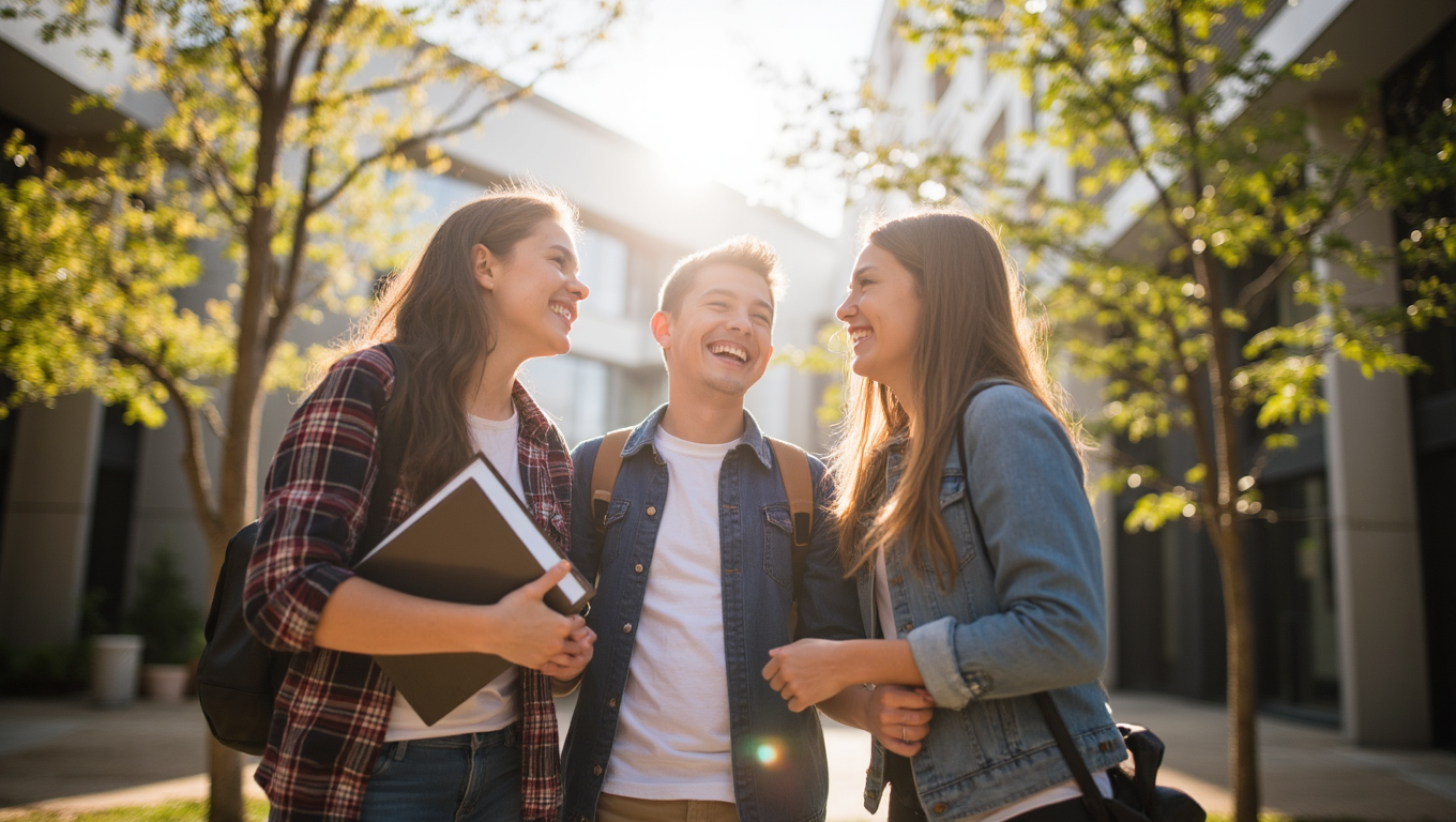 tight waist up capturing three smiling christian students